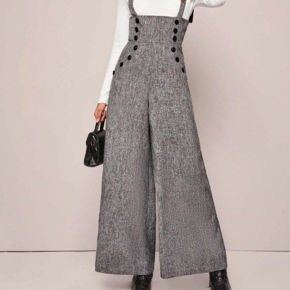 GRAY LINEN LOOK POCKETED SUSPENDER JUMPSUIT CHIC CLASSY FALL WINTER - Picture 3 of 5